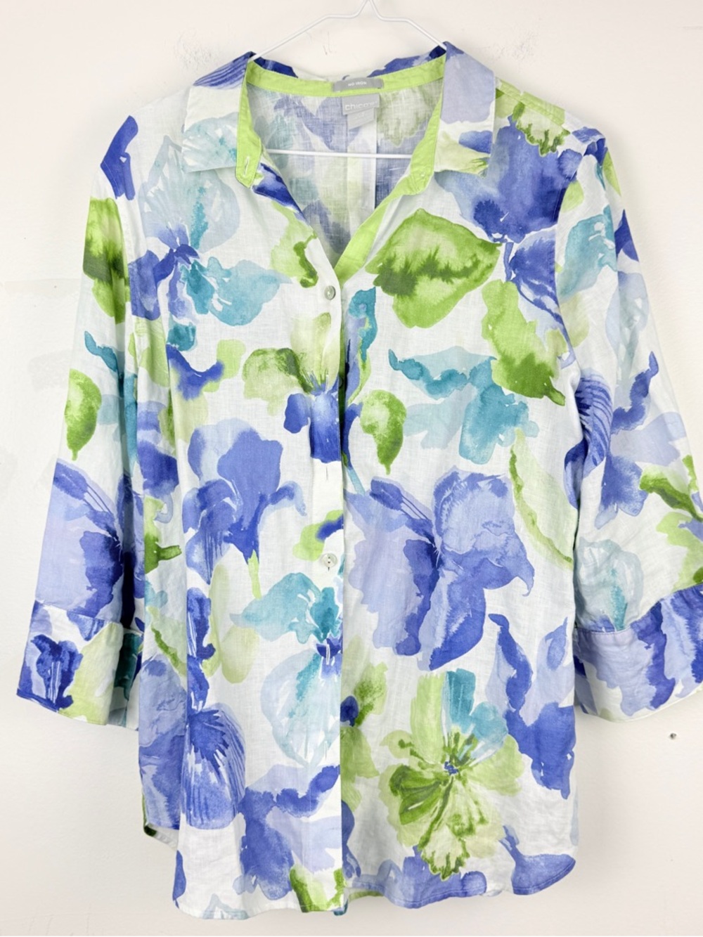 Chico’s Blue Green Floral Linen Resort Blouse Coastal Grandmother